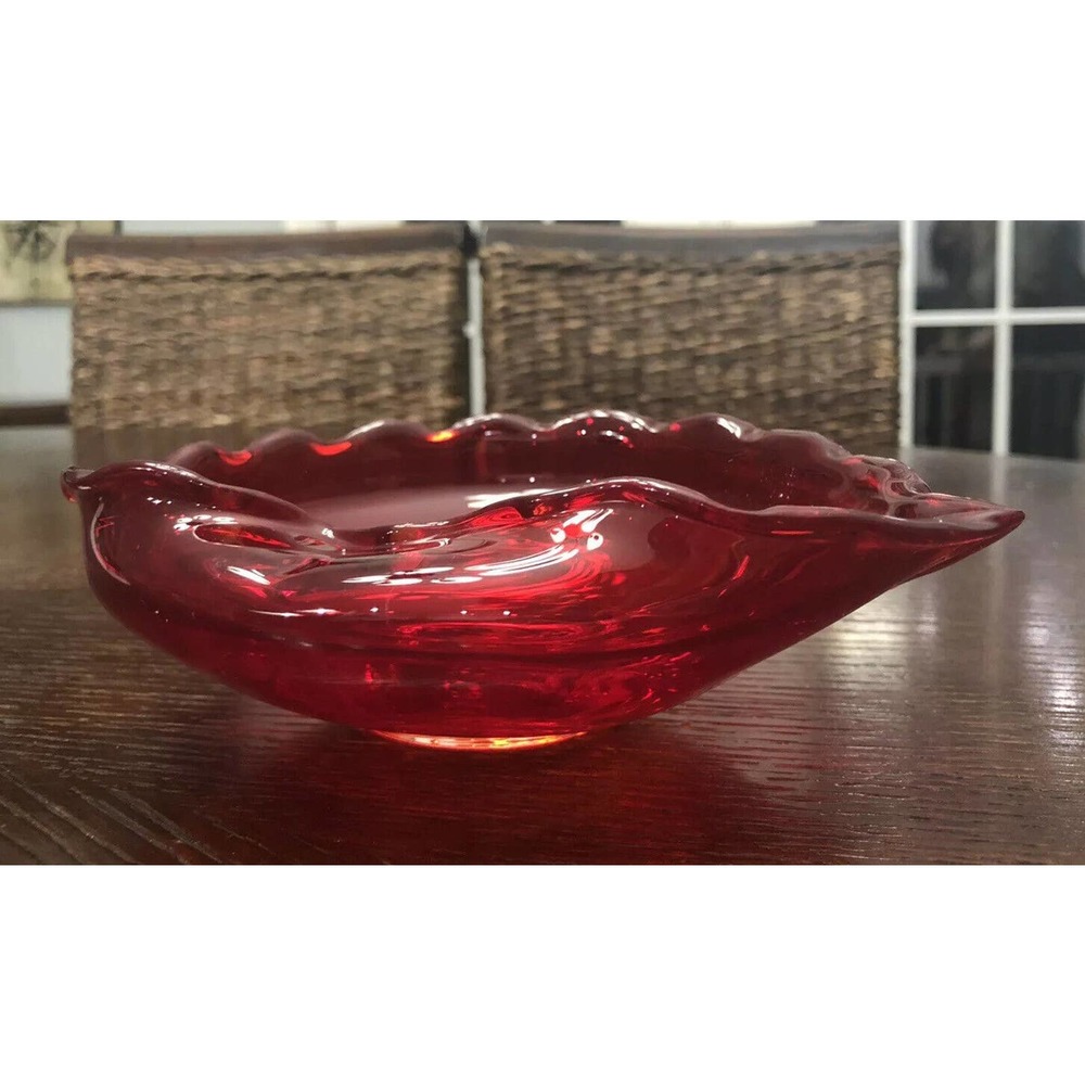 Vintage Beautiful Ruby Red Amberina Hand Blown Art Glass Dish/Ashtray MCM